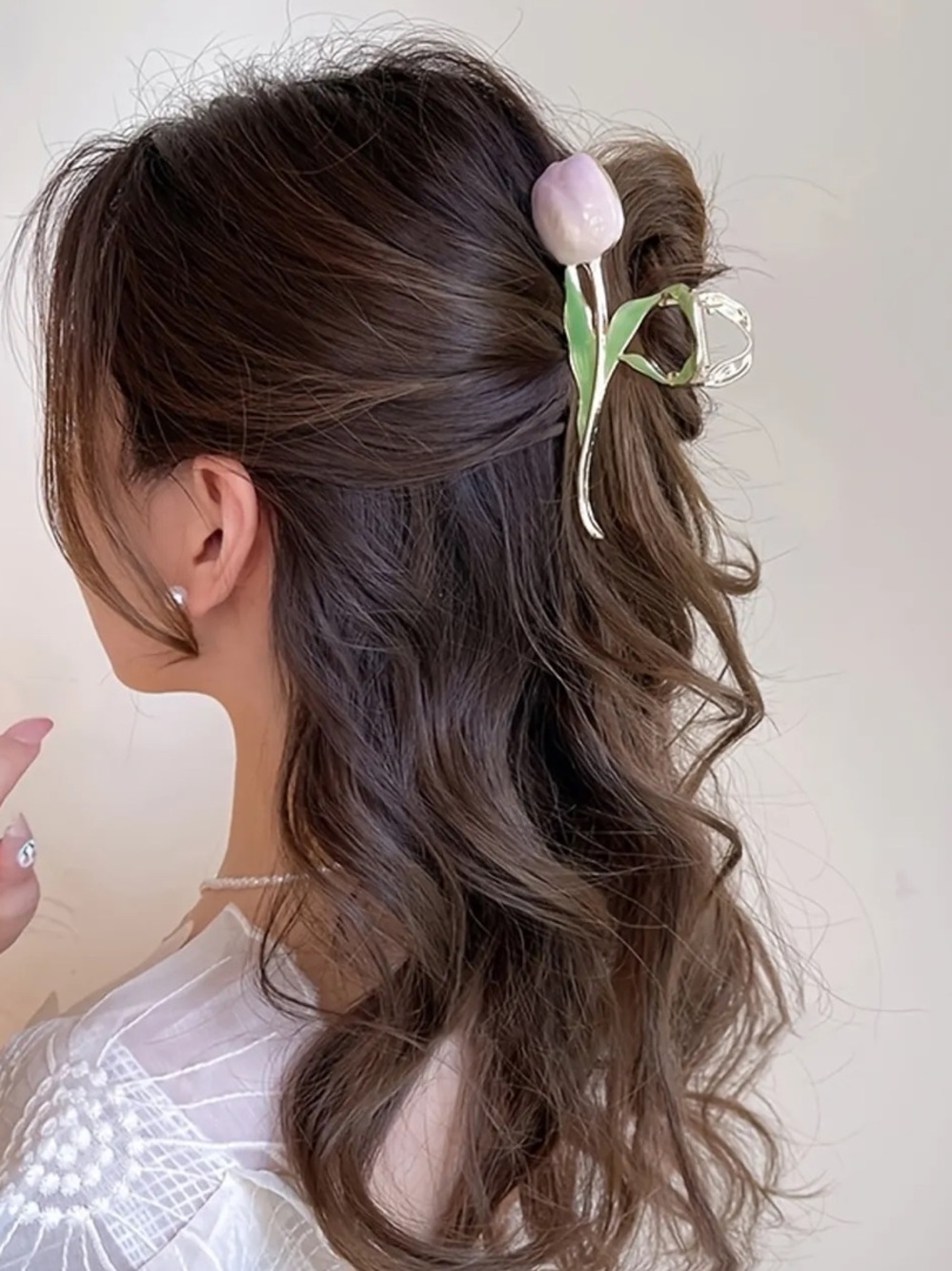 🍓2 for $10🍓 Gold Tulip Hair Clip with Light Pink Flower and Green Leaves